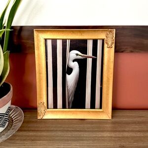 Egret Bird Peeking Thru Black White Stripe Curtains Canvas Print Gold Framed Art